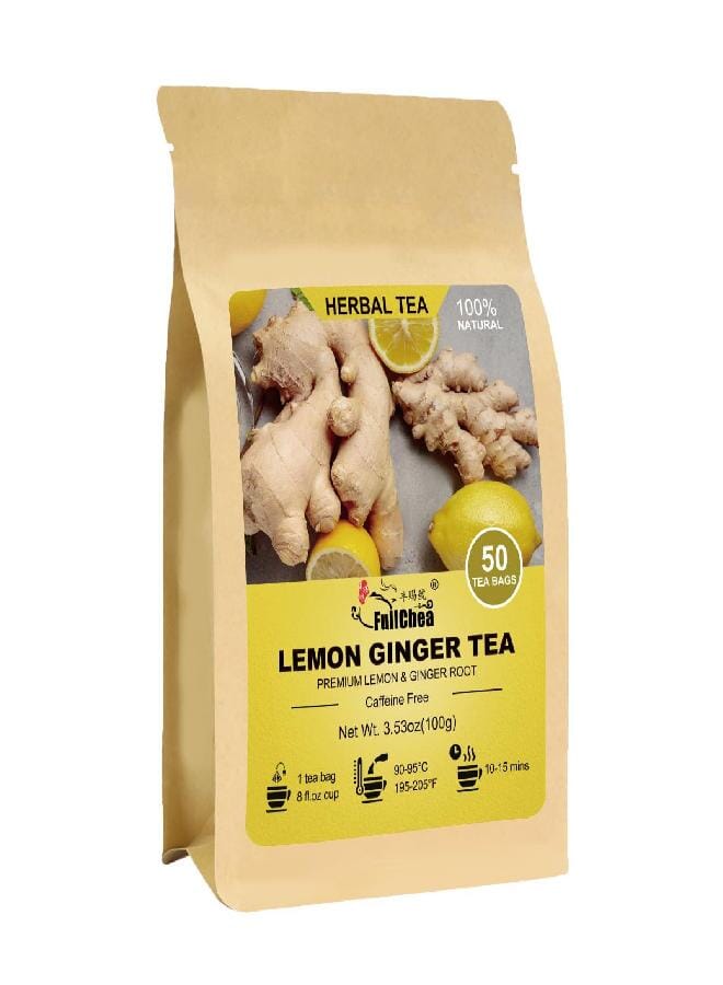 FullChea - Lemon Ginger Tea Bags, 50 Teabags - Pleasantly Spicy & Warming - Non-GMO - Caffeine-free - Support Healthy Digestion & Boost Immunity - Image 1